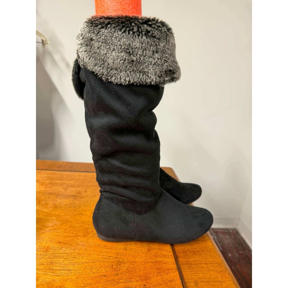 Vtg Y2k Womens 7.5 Black Faux Suede Tall Slouchy Boots Faux Fur Trim Flat Sole